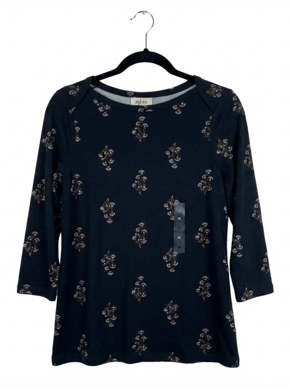 Style & Co. Navy Floral-Print 3/4 Sleeve Tee